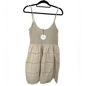 POL Cream Tan Eyelet Babydoll Dress  L Cottagecore Boho Festival Lace